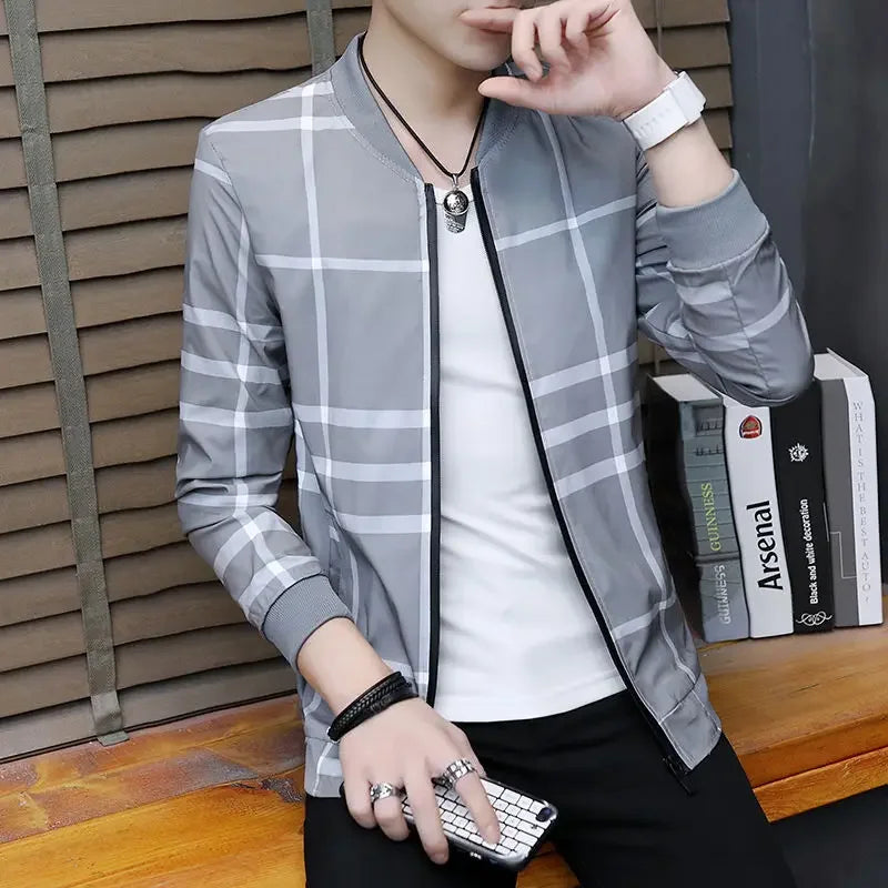 2023 Summer New Men Jacket Coat Korean Fashion Thin Section Printed Plaid Baseball Uniform Youth Boutique Clothing Simple Style