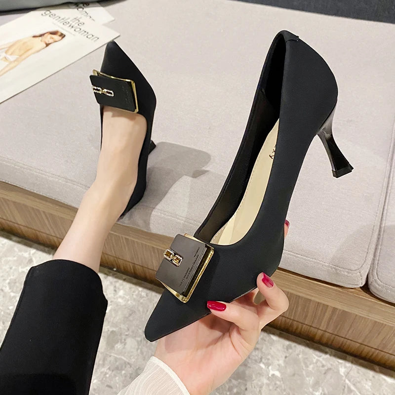 2023 Spring Summer New Brand Women Shoes Fashion High Heels Buckle Pointed Toe Shallow Metal Slip on Party Ladies Modern Shoes