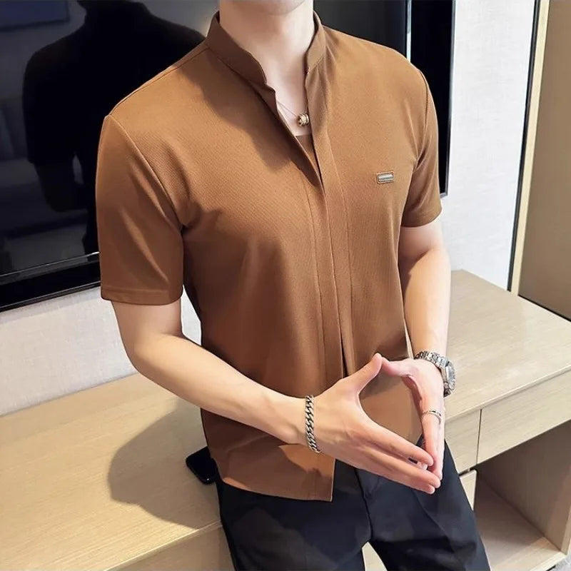 American Style Trendy Summer New Men's Stand Collar Solid Color Smart Casual Simplicity Versatile Short Sleeve Slim T-Shirts Top