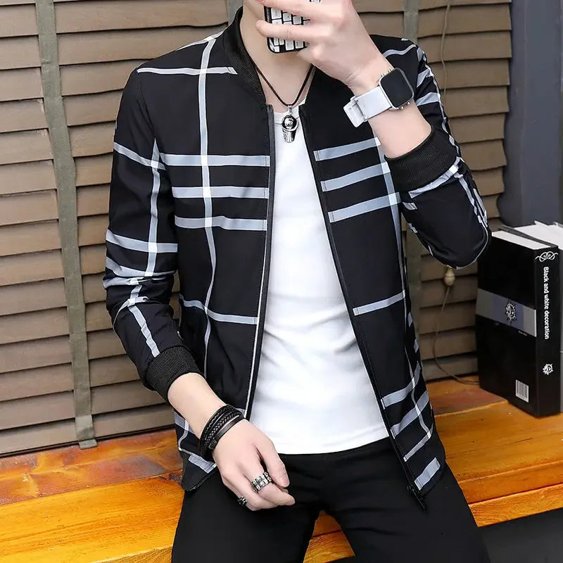 2023 Summer New Men Jacket Coat Korean Fashion Thin Section Printed Plaid Baseball Uniform Youth Boutique Clothing Simple Style