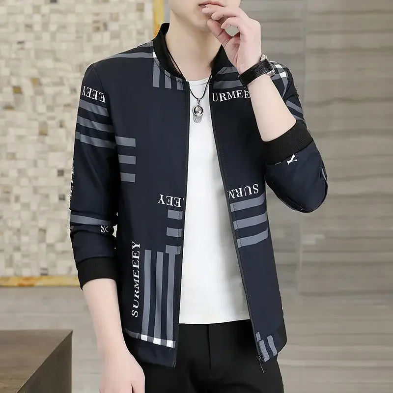 2023 Summer New Men Jacket Coat Korean Fashion Thin Section Printed Plaid Baseball Uniform Youth Boutique Clothing Simple Style