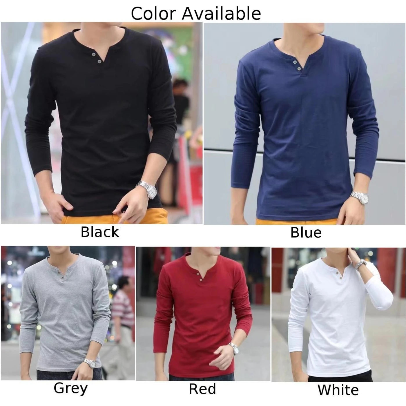 Casual T Shirt For Men Basic Solid Color Long-Sleeve Pullover Button V Neck Slim Undershirt Tees Tops Man Clothing