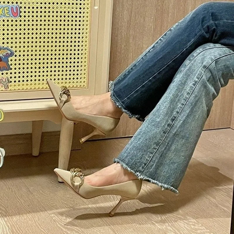 Women's High Heel Pointed Toe 2024 Hot Sale Summer New Fashion Metal Slender Heel Design Ladies Dress Shoes Zapatos De Mujer