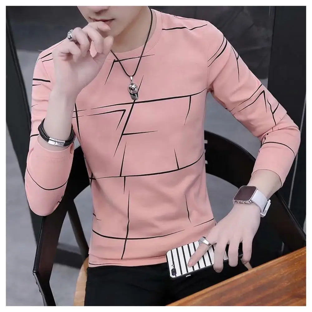 Men Long Sleeve T-shirt Soft Breathable Men's Contrast Color T-shirt Stylish Long Sleeve Top for Commute Fall Spring Men T-shirt