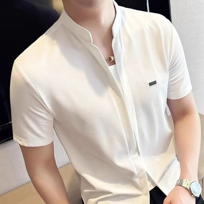 American Style Trendy Summer New Men's Stand Collar Solid Color Smart Casual Simplicity Versatile Short Sleeve Slim T-Shirts Top