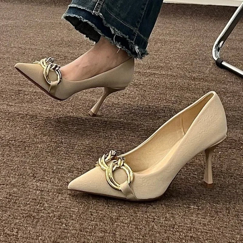 Women's High Heel Pointed Toe 2024 Hot Sale Summer New Fashion Metal Slender Heel Design Ladies Dress Shoes Zapatos De Mujer