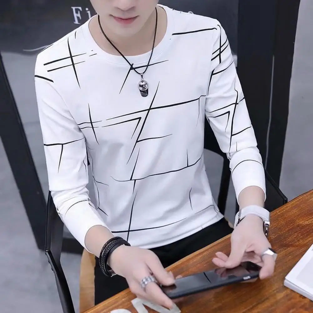 Men Long Sleeve T-shirt Soft Breathable Men's Contrast Color T-shirt Stylish Long Sleeve Top for Commute Fall Spring Men T-shirt