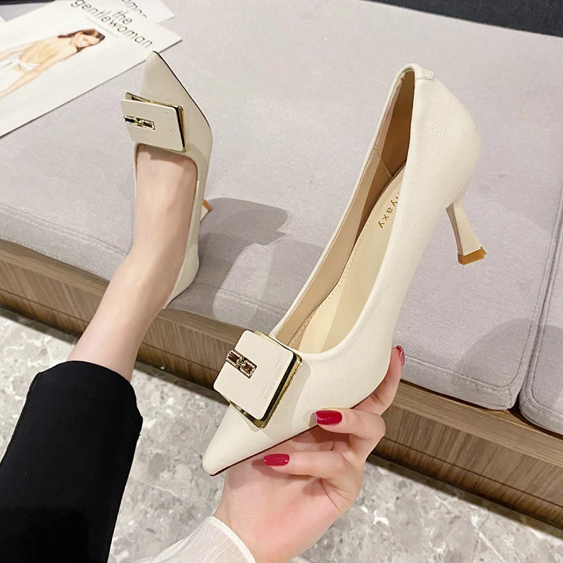 2023 Spring Summer New Brand Women Shoes Fashion High Heels Buckle Pointed Toe Shallow Metal Slip on Party Ladies Modern Shoes