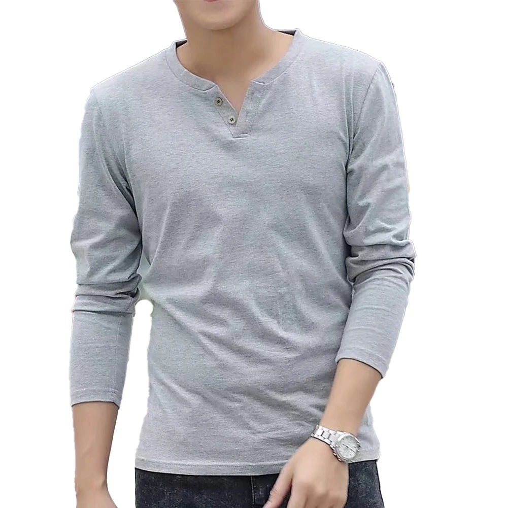 Casual T Shirt For Men Basic Solid Color Long-Sleeve Pullover Button V Neck Slim Undershirt Tees Tops Man Clothing