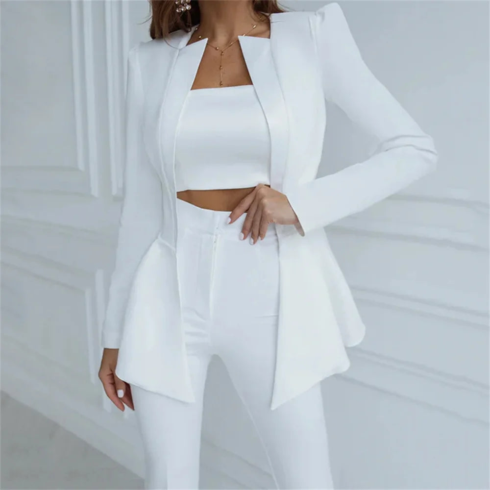 White 2 Pieces Set for Women 2023 New in High Streetwear Long Sleeve Nipped Waist Blazer Set Office Ladies Formal Pants Sets