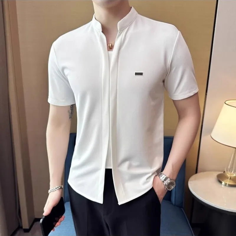 American Style Trendy Summer New Men's Stand Collar Solid Color Smart Casual Simplicity Versatile Short Sleeve Slim T-Shirts Top