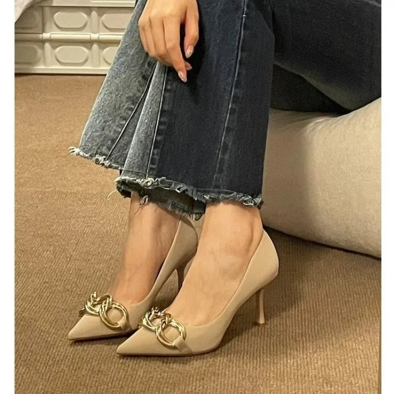 Women's High Heel Pointed Toe 2024 Hot Sale Summer New Fashion Metal Slender Heel Design Ladies Dress Shoes Zapatos De Mujer
