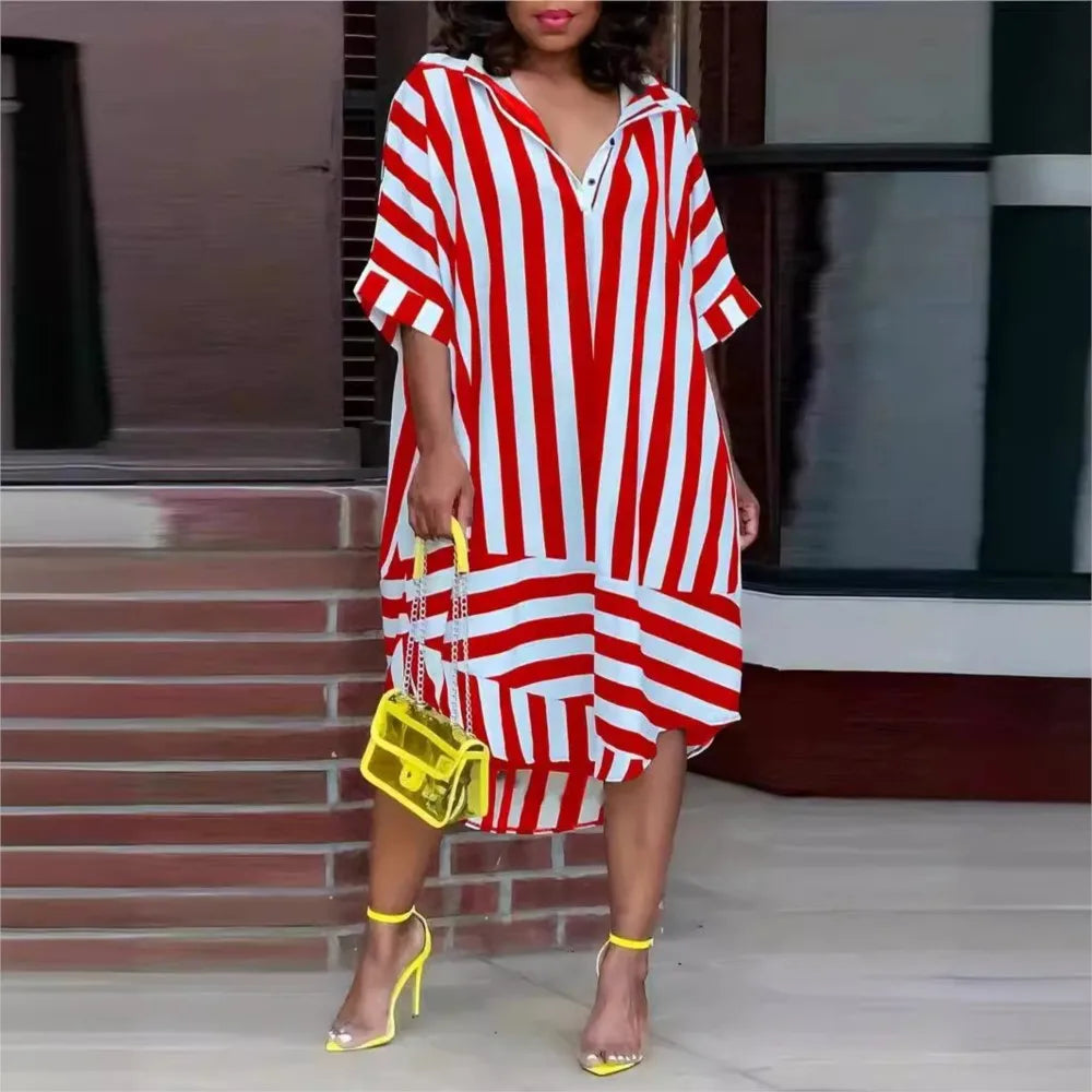 Fashion Printed Striped Short Sleeve Loose For Women's Dresses Summer Casual Simple Elegant Female Holiday Shirt Dress