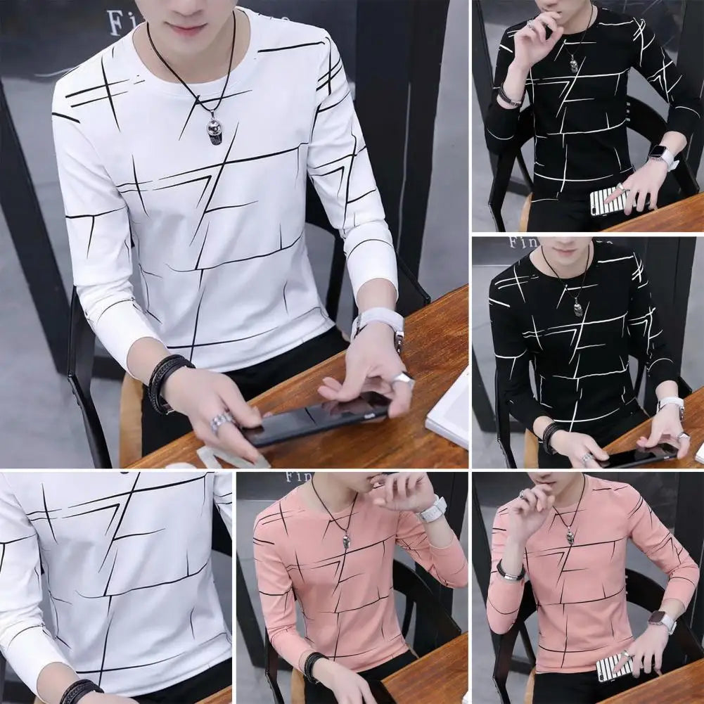 Men Long Sleeve T-shirt Soft Breathable Men's Contrast Color T-shirt Stylish Long Sleeve Top for Commute Fall Spring Men T-shirt
