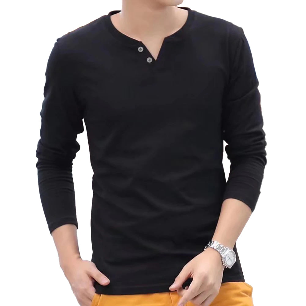 Casual T Shirt For Men Basic Solid Color Long-Sleeve Pullover Button V Neck Slim Undershirt Tees Tops Man Clothing