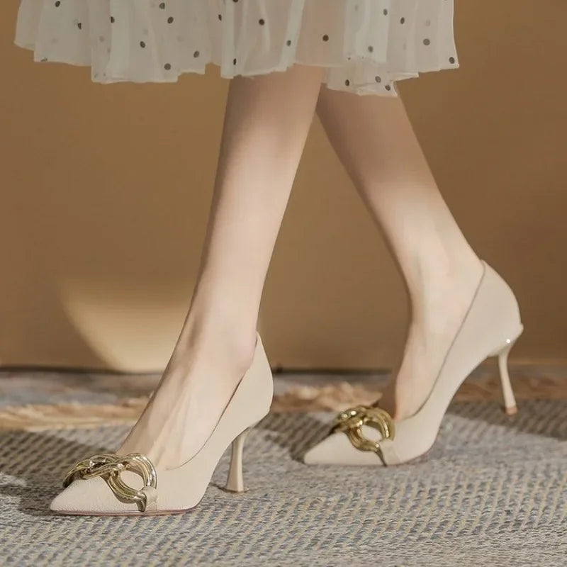 Women's High Heel Pointed Toe 2024 Hot Sale Summer New Fashion Metal Slender Heel Design Ladies Dress Shoes Zapatos De Mujer