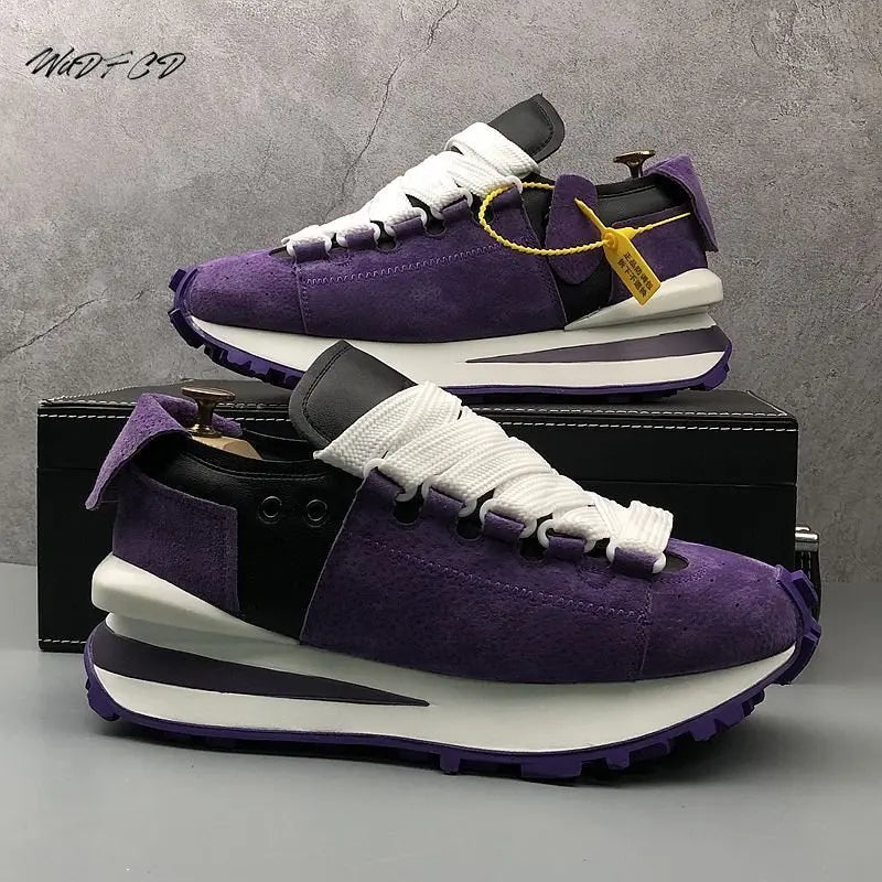 Chunky Sneakers Men Soft Sole Running Shoes Fashion Casual Microfiber Leather Breathable Height Increased Platform Board Shoes