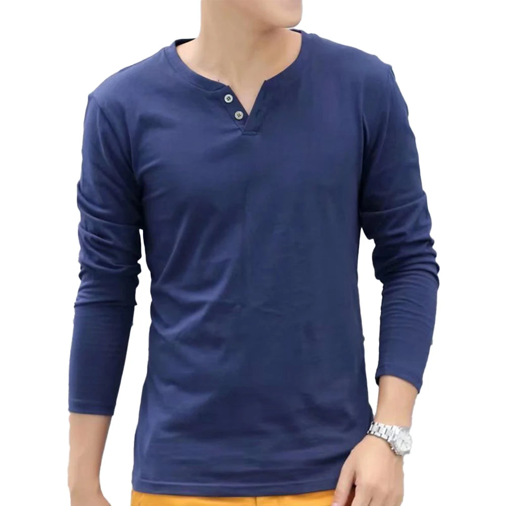 Casual T Shirt For Men Basic Solid Color Long-Sleeve Pullover Button V Neck Slim Undershirt Tees Tops Man Clothing