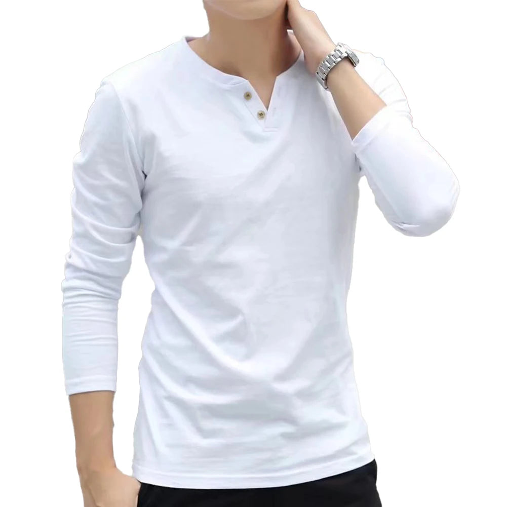 Casual T Shirt For Men Basic Solid Color Long-Sleeve Pullover Button V Neck Slim Undershirt Tees Tops Man Clothing