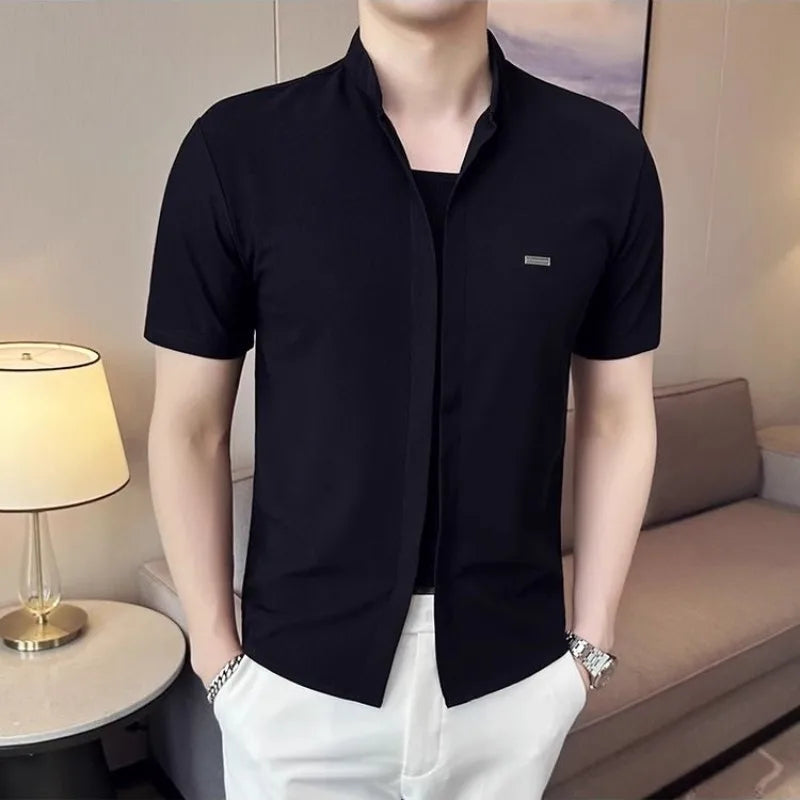 American Style Trendy Summer New Men's Stand Collar Solid Color Smart Casual Simplicity Versatile Short Sleeve Slim T-Shirts Top