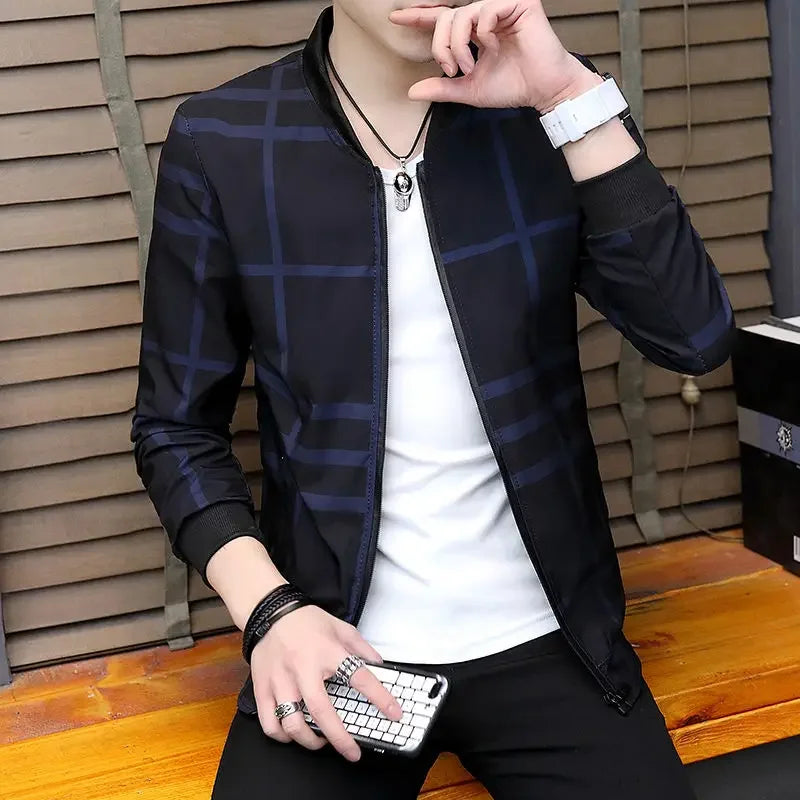 2023 Summer New Men Jacket Coat Korean Fashion Thin Section Printed Plaid Baseball Uniform Youth Boutique Clothing Simple Style