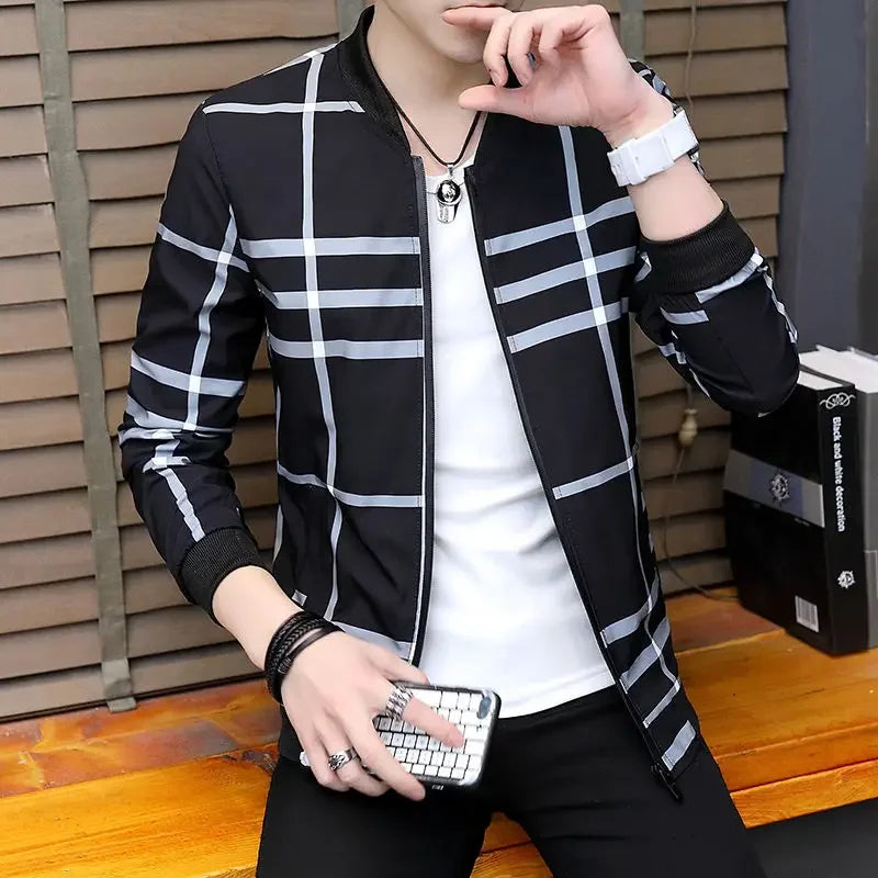 2023 Summer New Men Jacket Coat Korean Fashion Thin Section Printed Plaid Baseball Uniform Youth Boutique Clothing Simple Style