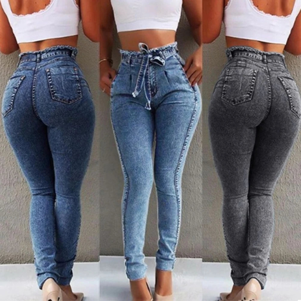 Fashion Belted High Waist Skinny Jeans