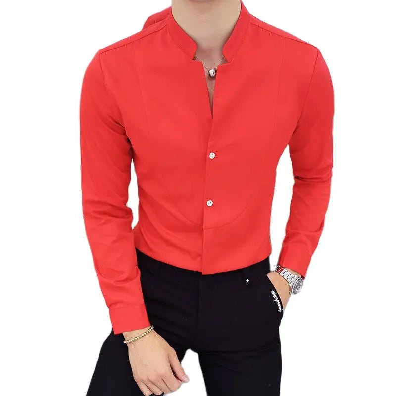 Black Male Stretch Long Sleeve Shirts/Men's High Quality Stand Collar Pure Slim Fit Business Shirt Red White Camisa Man Chemise