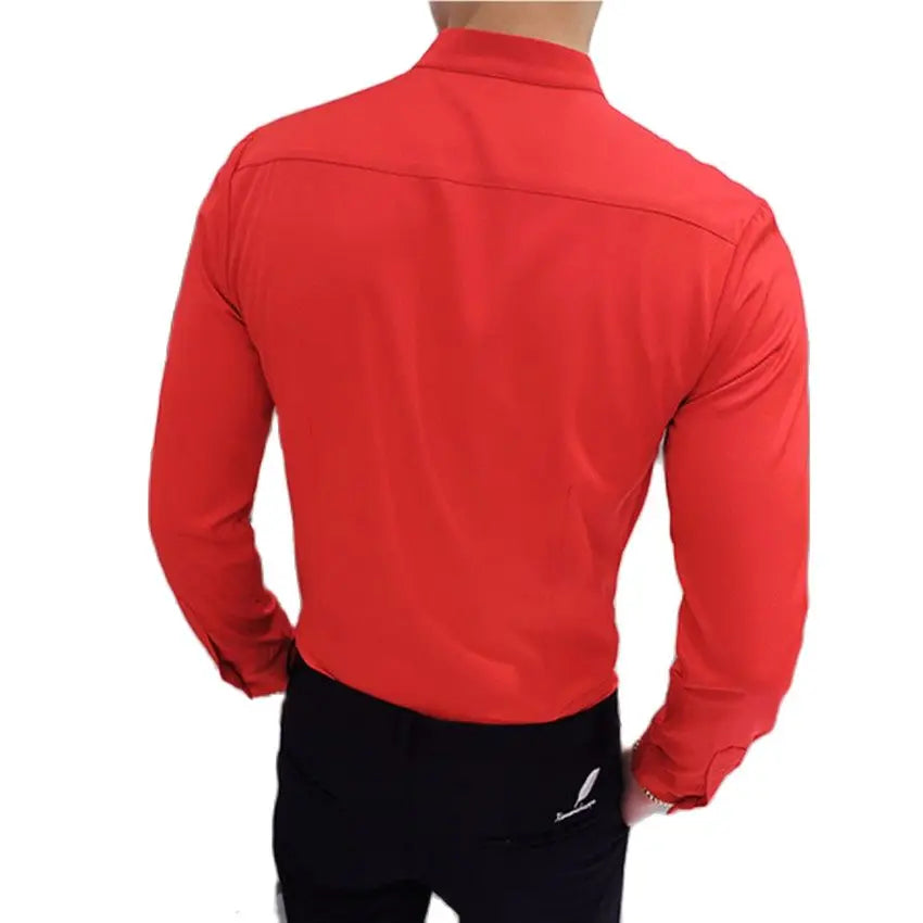 Black Male Stretch Long Sleeve Shirts/Men's High Quality Stand Collar Pure Slim Fit Business Shirt Red White Camisa Man Chemise