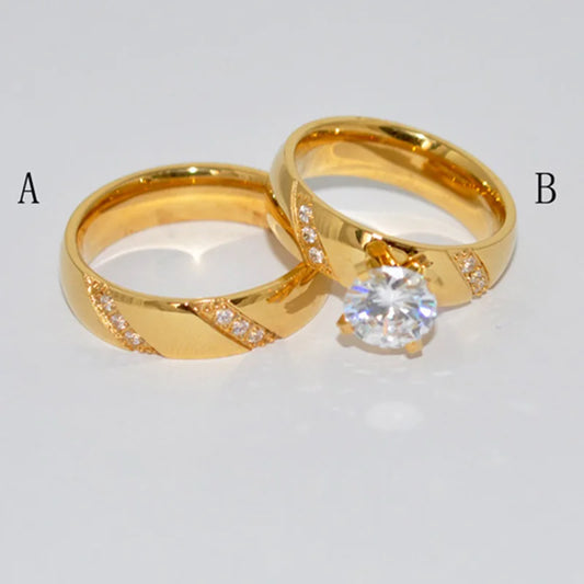 Hot Sale Stainless Steel Gold plated Wedding couple Jewelry Rings with Cubic Zirconia