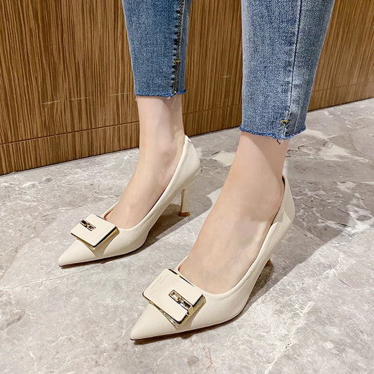 2023 Spring Summer New Brand Women Shoes Fashion High Heels Buckle Pointed Toe Shallow Metal Slip on Party Ladies Modern Shoes