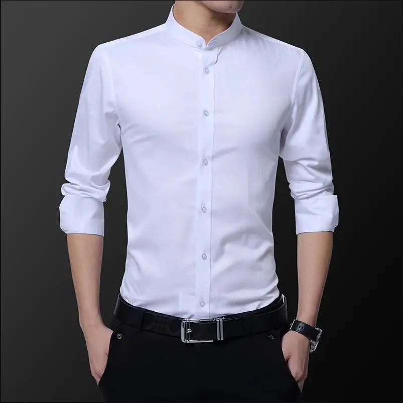 Black Male Stretch Long Sleeve Shirts/Men's High Quality Stand Collar Pure Slim Fit Business Shirt Red White Camisa Man Chemise