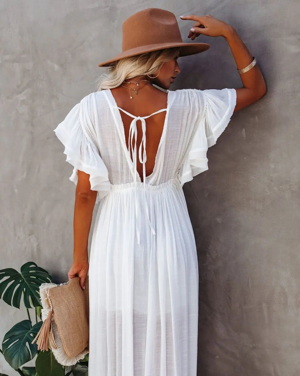 Summer Beach Maxi Dress Women Boho Long Bikini Cover Up Dresses High Waist Casual V-Neck Sexy White Dresses Vestidos De Mujer