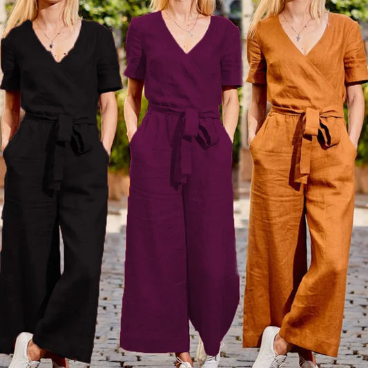 2022 Women's Short Sleeve Fashion V-Neck Romper Jumpsuit Summer Party Casual Oockets Overalls Comfortable Designed Pants