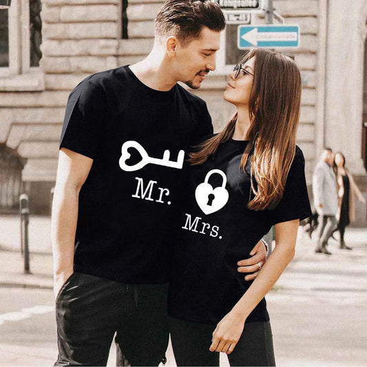 Couples T Shirt Heart Key Lock Mr Mrs Print Couple Tshirt Summer King Queen T-shirt Casual O-Neck Tops Lovers Tee Shirt