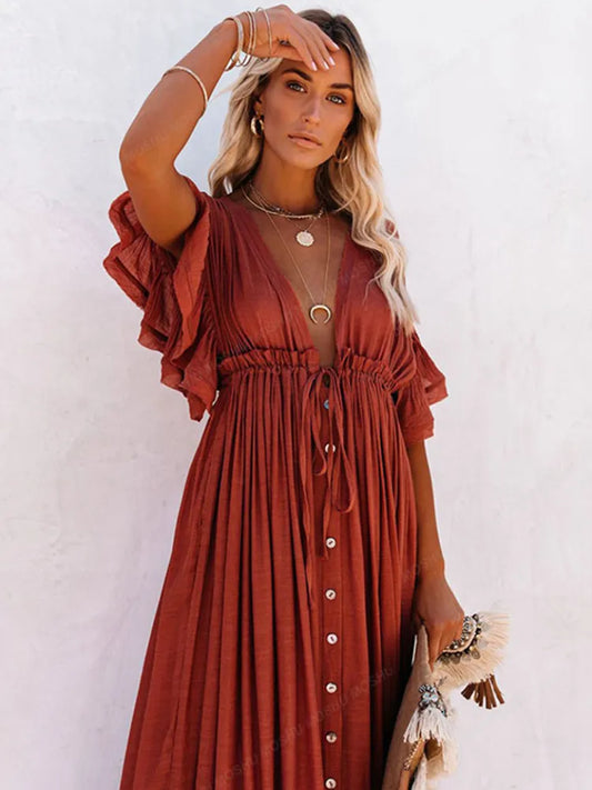 Summer Beach Maxi Dress Women Boho Long Bikini Cover Up Dresses High Waist Casual V-Neck Sexy White Dresses Vestidos De Mujer